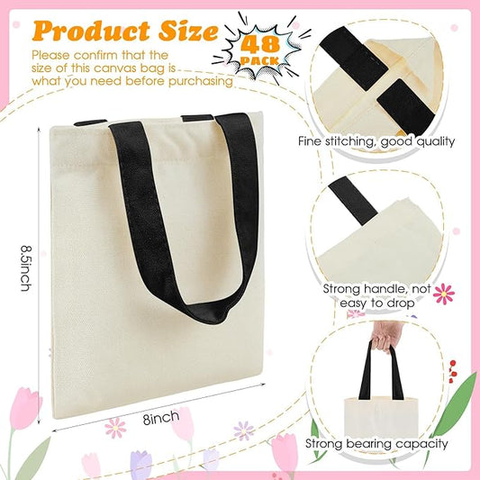 Amylove 48 Pcs Mini Tote Bag Sublimation Blank Canvas Tote Bags Reusable Grocery Luggage DIY Sack Goody for Party Even (8.5 x 8 Inch,Beige with Black Handle)