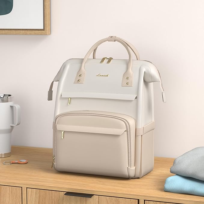 LOVEVOOK Leather Backpack for Women, 17 inch Laptop Backpack, Professional Work & Travel Bag, Beige-Flesh Beige