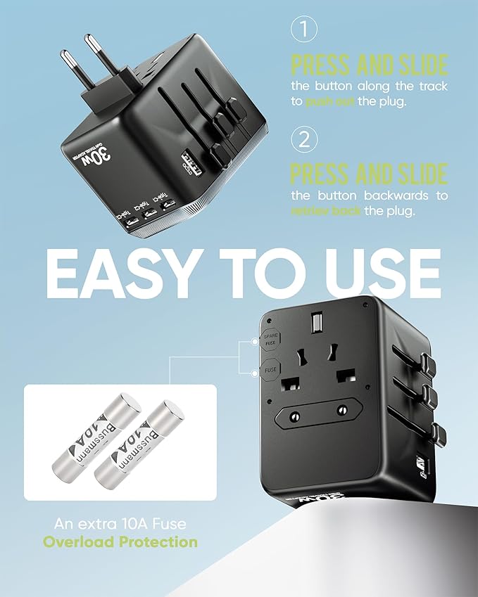 Universal Travel Adapter, 30W International Power Adapter with 4 USB-C & 1 USB-A Ports, European Travel Plug Adapter, Worldwide Travel Essentials for EU UK AUS USA
