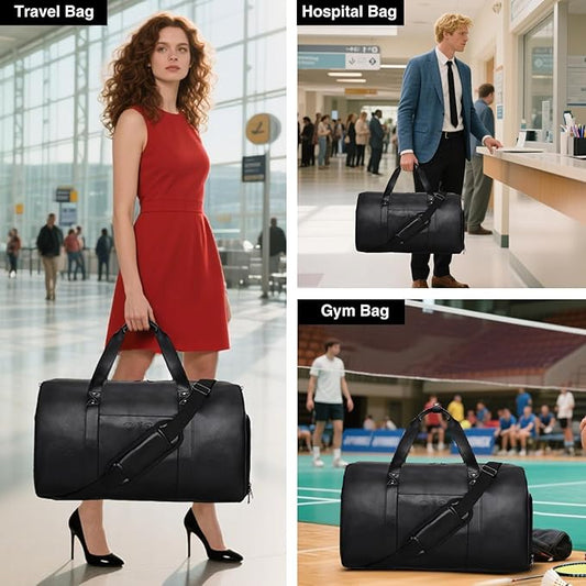 3-in-1 Leather Duffle Bag with Toiletry and Shoe Compartment, Weekender Overnight Gym Bag for Men and Women, Carry On Fits Most 15.6 Inch Laptops(Black)
