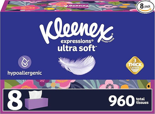 Kleenex Expressions Ultra Soft Facial Tissues, 8 Flat Boxes, 120 Tissues per Box, 3-Ply, Packaging May Vary