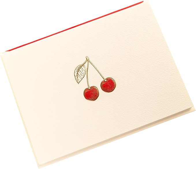 Graphique Cherries Designer Cards Luxe Collection, Gold Foil Embossed Stationary Boxed Set, 10 Blank Cards with 11 Envelopes, All Occasion Greetings, 5.25" x 3.8"