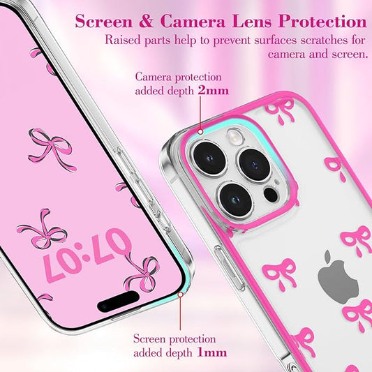 EYZUTAK Case for iPhone 16 Pro, Clear Cute Ribbon Bowknot Pattern Aesthetic Transparent Phone Case Raised Camera Protection Stylish Slim Soft Durable TPU Protective Cover for Women Girls - Rose Red