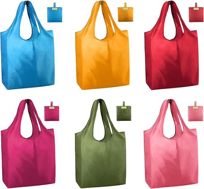 BeeGreen 6 Pack Reusable Grocery Bags, Heavy Duty Totes for Women, Foldable Grocery Bag Large Shopping Totes with Handles for Work, Travel, Gift, Store, Polyester Washable Reusable Tote Bag
