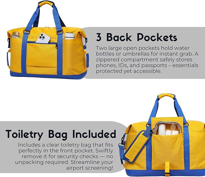 SUNNY BIRD Duffel with Utility Pouch, 40L Weekender Overnight Bag with Shoe Compartment for Travel and Sports (Yellow and blue)