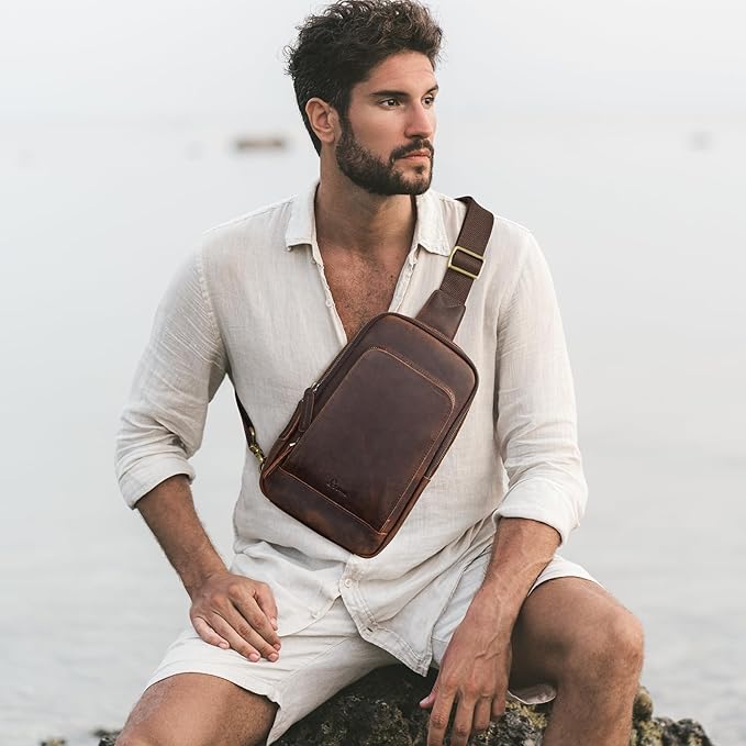 S-ZONE Sling Bag for Men Women RFID Blocking Top Grain Leather Crossbody Shoulder Bag Chest Hiking Daypack Travel