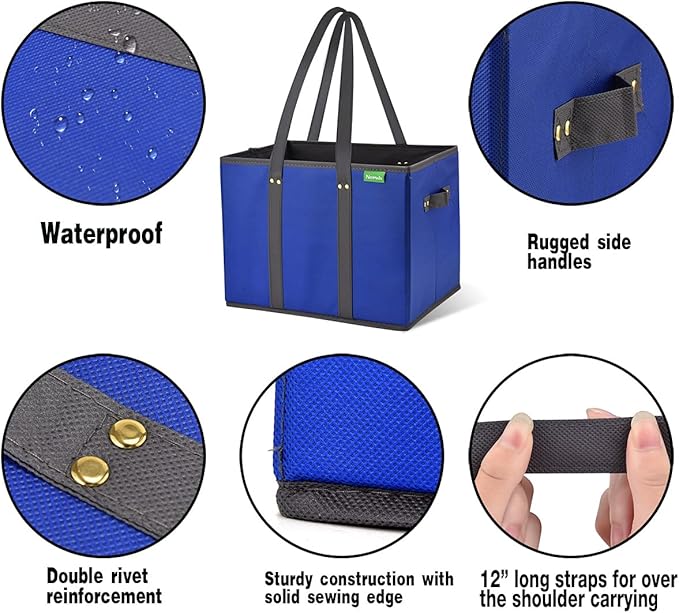 NERUB Reusable Grocery Bags Shopping Bags Grocery Tote Bag with Reinforced Bottom Heavy Duty Handles (Set of 3, Blue/Gray/Wave)