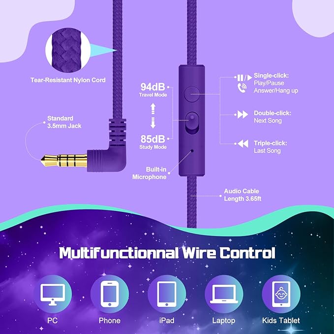 QearFun Kids Headphones Wired with Mic, 85/94dB Safe Volume Limit, Foldable Over Ear, Tangle-Free Cord & Sharing Port, Wired On-Ear Headset for School, Chromebook, Tablet, Travel - Boys & Girls