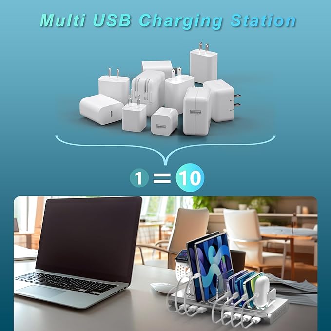 Unitek Multi iPad Charging Station - 10 Port USB Charging Station for Multiple Devices, Fast Charging Dock Cell Phone Organizer for iPhone, iPad, Android, Tablets - Silver