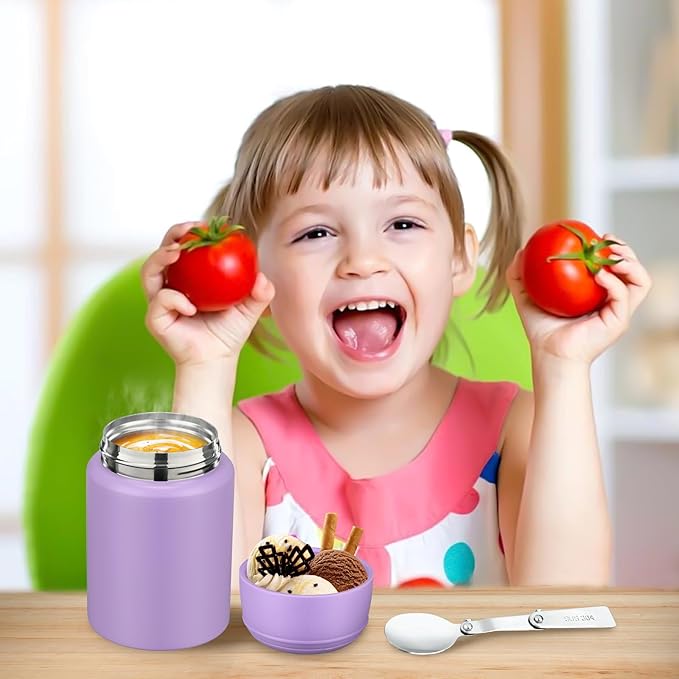 17oz Soup Thermo for Hot Food Kids Insulated Food Jar,Thermo Hot Food Lunch Container, Width Mouth Stainless Steel Lunch Box for Kids with Handle Folding Spoon(Purple-Pure)