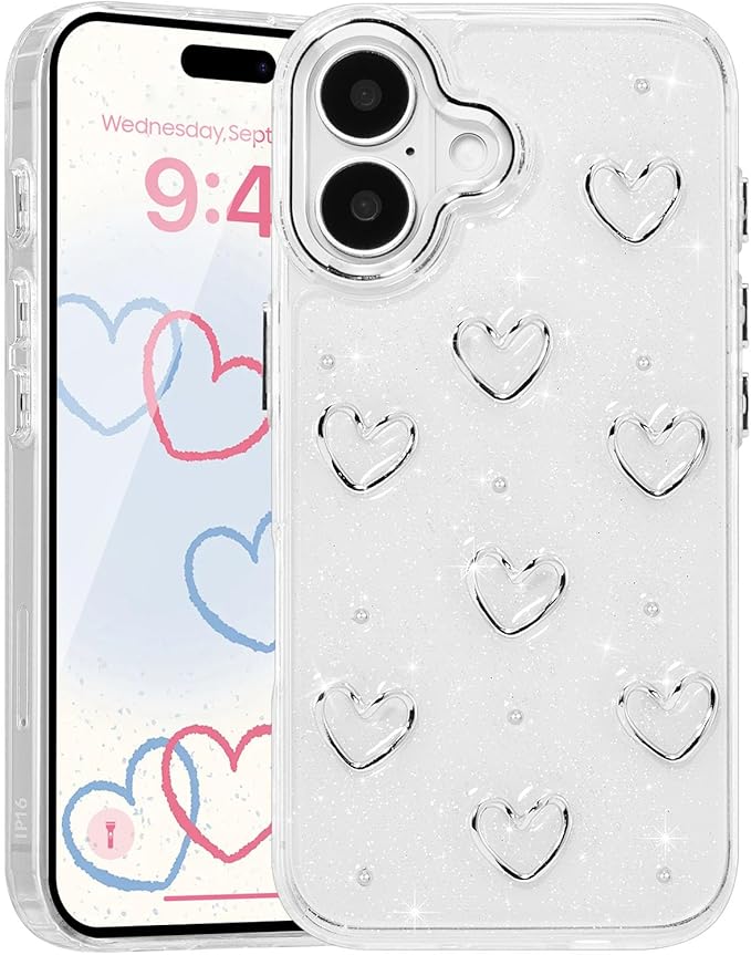 EYZUTAK Case for iPhone 16 Plus, Bling Glitter 3D Hearts Phone Case Cute Sparkly Crystal Clear Heart Aesthetic Design Case Slim Soft Durable TPU Transparent Protective Cover for Women Girls - Heart