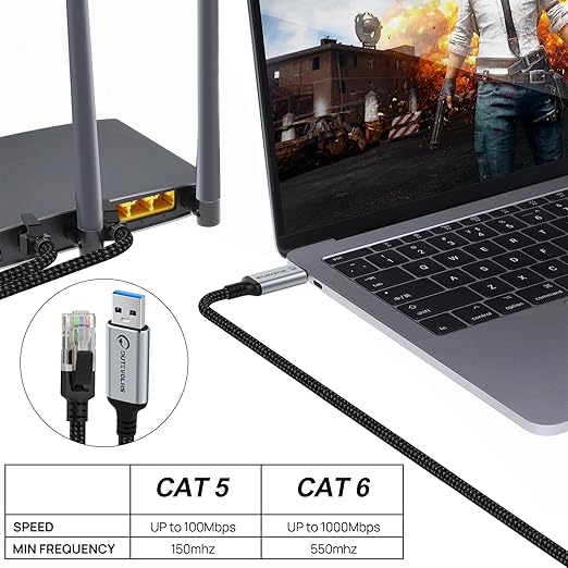 USB to Ethernet Cable 5 FT, USB 3.0 A to RJ45 Male Nylon Adapters, Gigabit Directly Connected, Compatible for Laptop, Desktop PC, Switch, Windows 10 and Windows 11