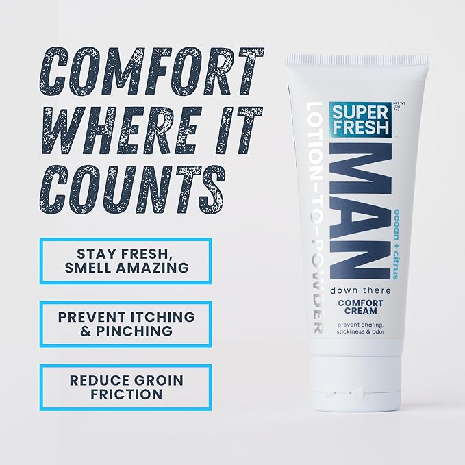 Super Fresh Ball Deodorant Powder Lotion Comfort Cream for Man Parts Groin Butt and Body Hygiene Controls Odor Stops Chafing and Itch Absorbs Sweat Aluminum Free Formula in 4 oz Tube