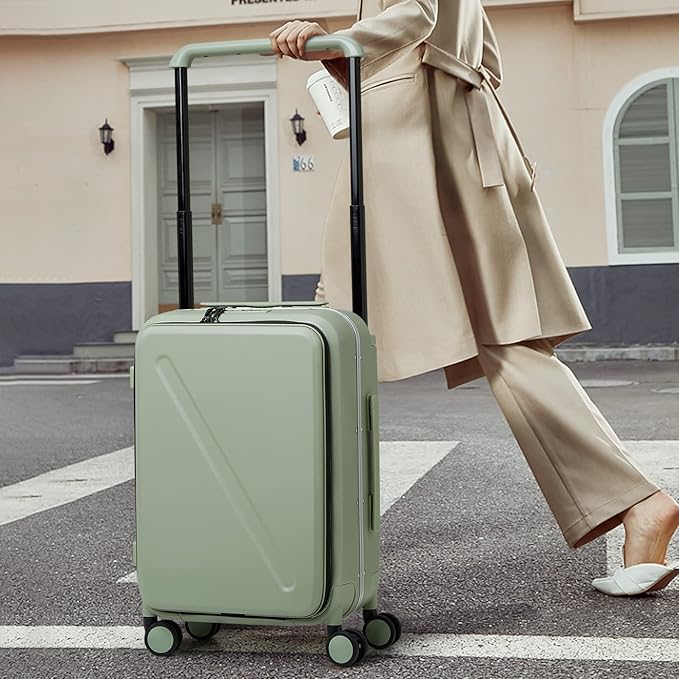 MILADA Wide Handle Carry On Luggage with Front Pocket Hardshell 20 Inch Front Opening Luggage with Spinner Wheels TSA Lock Aluminium Suitcase Airline Approved Carry-On Travel Luggage, Bamboo Green