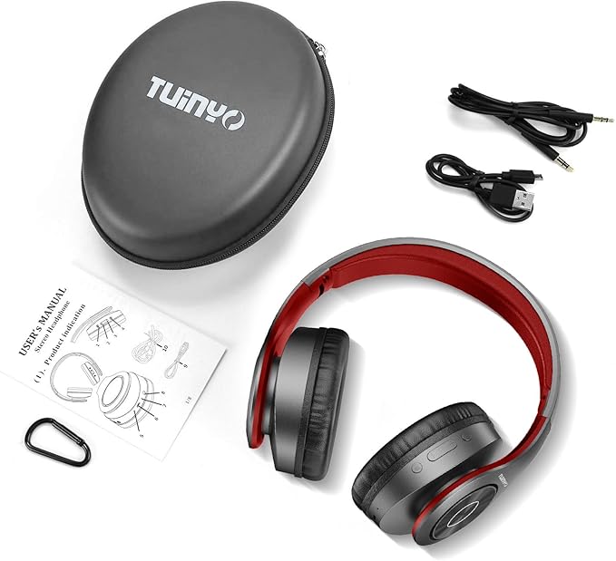 TUINYO Bluetooth Headphones, Over Ear Stereo Wireless Headset 40H Playtime with Deep Bass,Soft Memory-Protein Earmuffs,Built-in Mic Wired Mode PC/Cell Phones-Black red