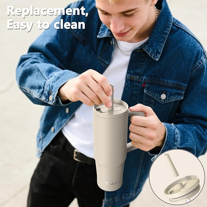 TILUCK 30 oz Tumbler with Handle, Vacuum Insulated Stainless Steel Travel Mug with 100% Leak-Proof Silicone Straw Lid, Cupholder Friendly Water Bottle(MistyGray, 30oz)