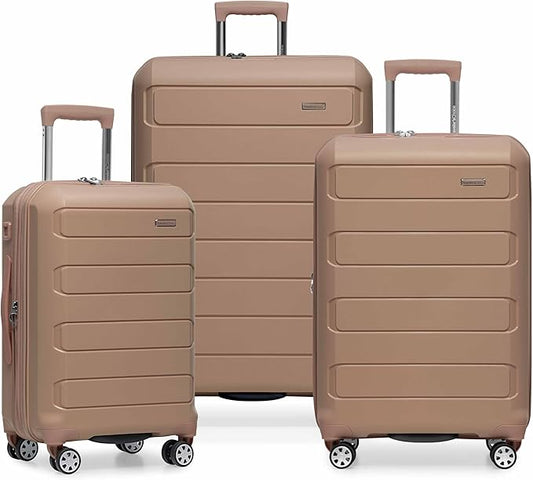 Traveler's Choice Pagosa Indestructible Hardshell Expandable Spinner Luggage, Latte Beige, 3-Piece Set (22/26/30)
