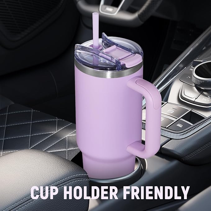 40 oz Tumbler with Handle and Straw Lid,Insulated Reusable Stainless Steel Water Bottle Travel Mug，Cupholder Friendly Double Wall Vacuum Sealed Cup (Lavender Purple)