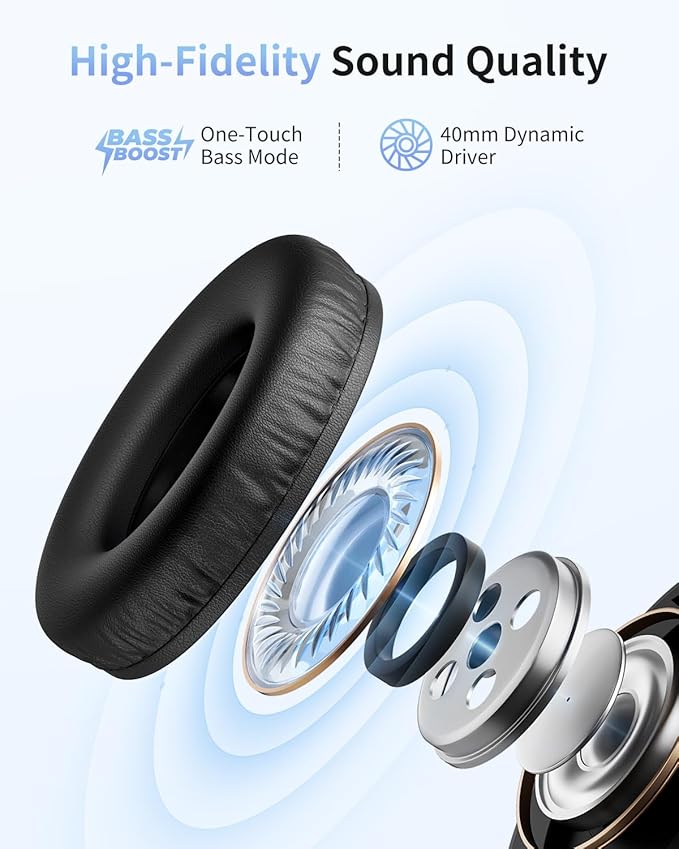 HS7 Bluetooth Headphones Over Ear, 60H Playtime Wireless Headphones with Microphone, ENC Call Noise Cancelling Mic, Foldable Wireless Headset, Deep Bass for Home Office Cellphone PC