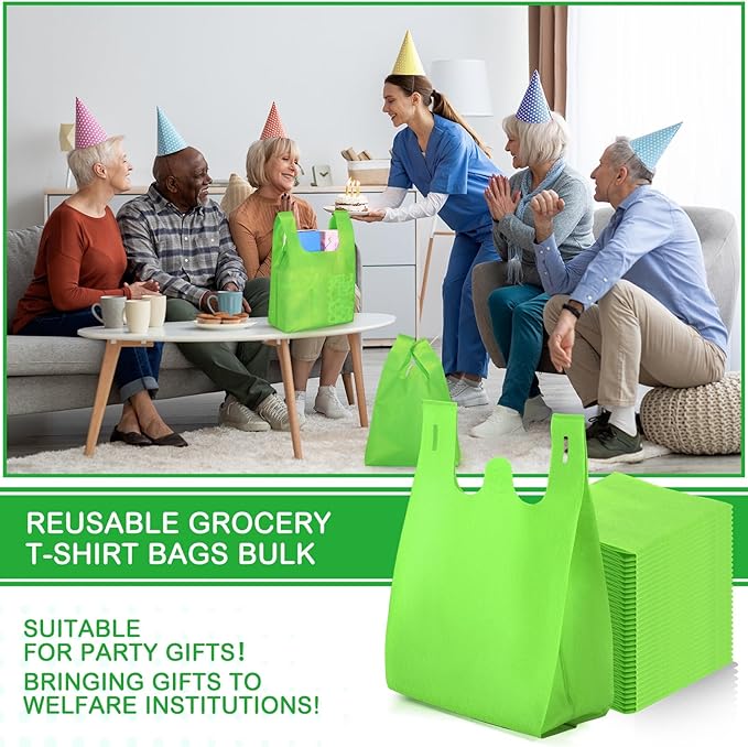 Windyun Large Grocery T-shirt Bags Bulk Reusable Non Woven Shopping Bag Foldable Gift Tote with Handle, 21x11x6 Inch
