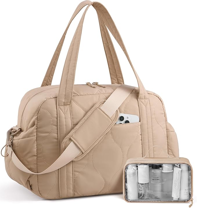 LOVEVOOK Gym Bag for Women, Puffer Travel Duffle Bag with Wet Pocket, Lightweight Carry On Bag Weekender Overnight Bag with Toiletry Bag, Multiple Pockets Hospital Bags for Labor and Delivery, Khaki