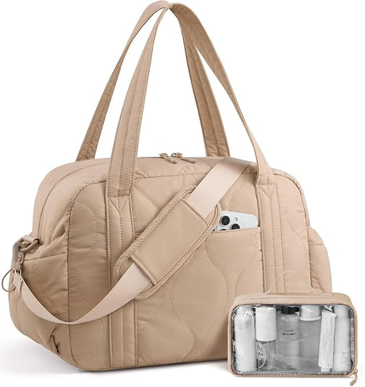 LOVEVOOK Gym Bag for Women, Puffer Travel Duffle Bag with Wet Pocket, Lightweight Carry On Bag Weekender Overnight Bag with Toiletry Bag, Multiple Pockets Hospital Bags for Labor and Delivery, Khaki