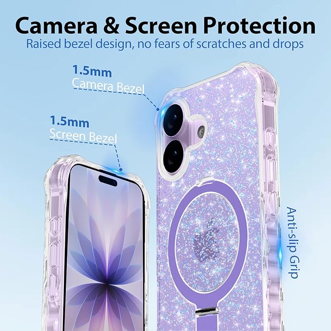Magnetic for iPhone 17 Case with Invisible Stand, Compatible with MagSafe, Clear Bling Sparkle Shockproof Slim Anti-Slip Military Drop Protection Hard Phone Case 6.3" Glitter Purple