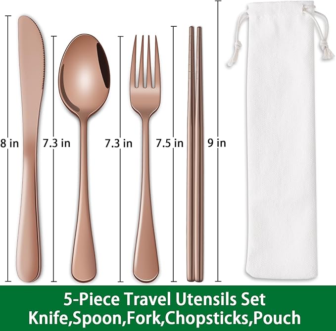 Travel Silverware Set Rose Gold Camping Picnic Utensils Set With Case Includes Knife Spoon Fork Chopsticks,Office Work Lunch Personal Flatware Set