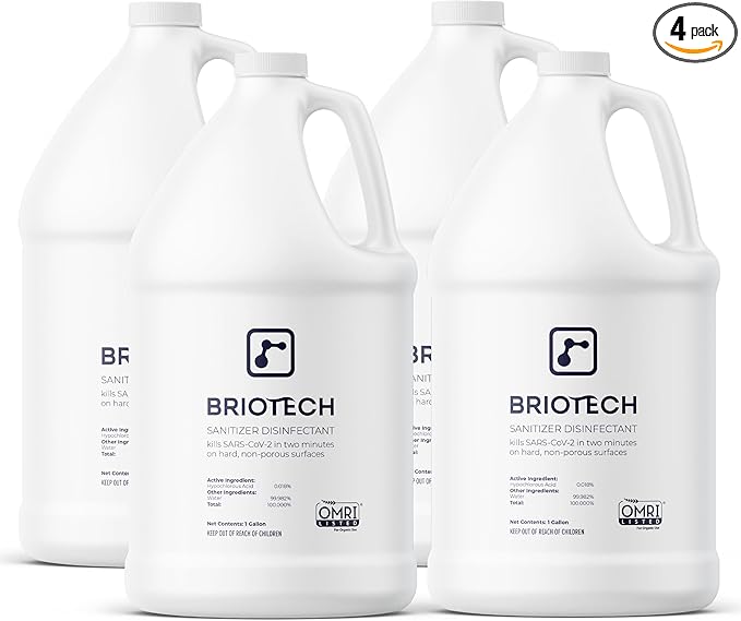 BRIOTECH Sanitizer Disinfectant Hypochlorous, Kill 99.99% of Viruses & Bacteria, Control Mold, Eliminate Odor, Gentle for Nursery & Play Rooms, Food Contact Surface Sanitizer, 1 Gallon Refill (4 Pack)