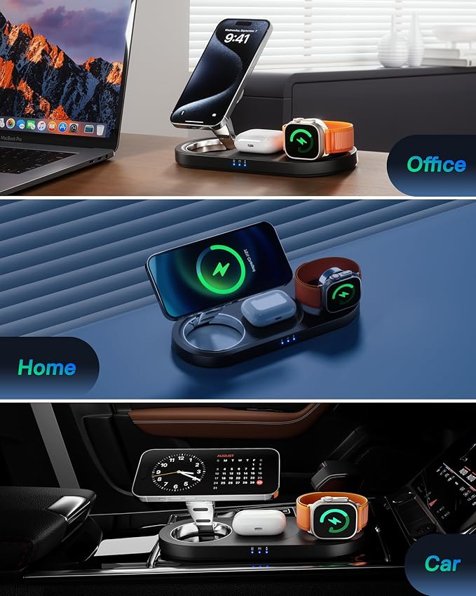 Upgraded 3 in 1 Wireless Charging Station for Apple Devices, Faster Mag-Safe Charger Stand, Magnetic Charger Station for iPhone 16/15/14/13/12 Series & AirPods Pro & Apple Watch Series (Black)