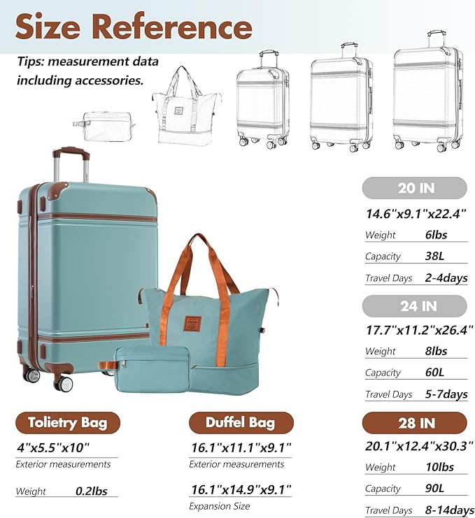 Merax Suitcase Set 28 inches Expandable Luggage with TSA Lock Spinner Wheels Hardshell Lightweight Vintage Luggage with Travel Bag,Green