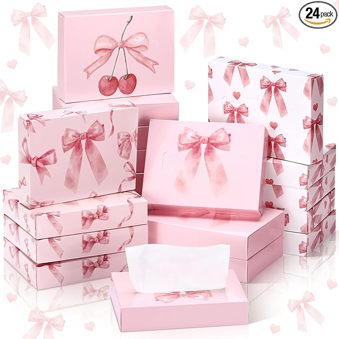 TaoBary 24 Packs Pink Bow Small Boxes of Tissues Flower Car Facial Tissue Boxes Disposable Tissue Packs Cube Facial Tissues 2 Ply 960 Sheets for Holiday Party Bathroom Office Floral Home Decor