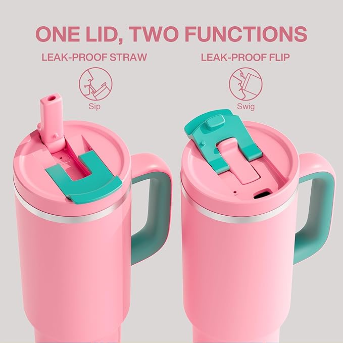 40 oz Tumbler with Handle and Straw: Stainless Steel Insulated Tumbler Keeps Cold for 24 Hours, Leakproof Travel Cup Fits in Cup Holder and BPA-Free, Tulip