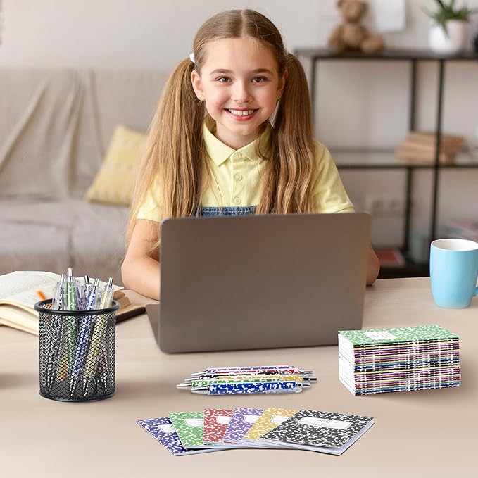 48 Pack Bulk Mini Composition Notebook with 24 Pack Assorted Colors Ballpoint Pens Set, 3.1x4.9 inch Hard Cover,16 Sheets Per Comp Book Marble Composition Notebook for School College & Office Supplies