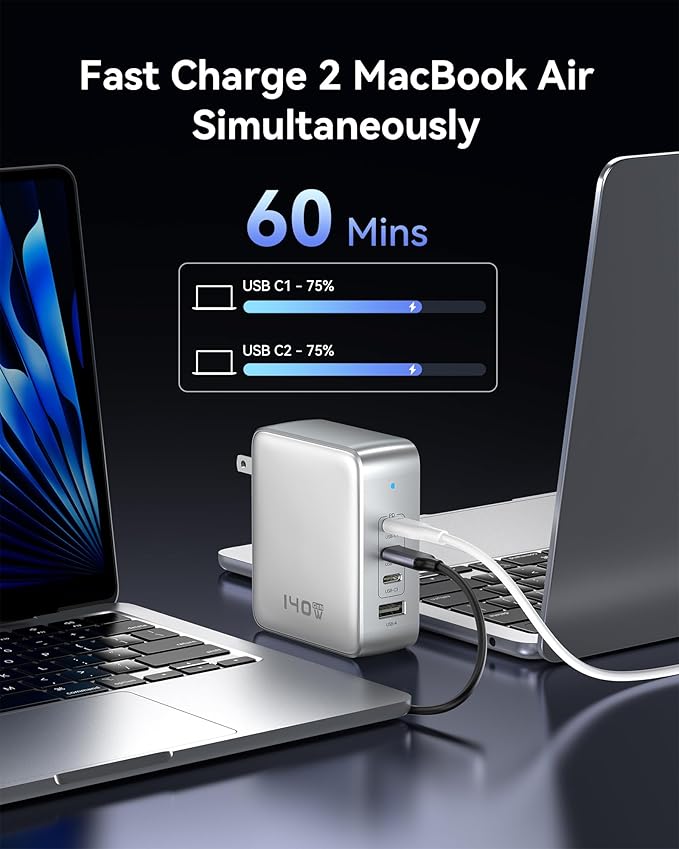 140W GaN USB C Wall Charger, 4-Port PD3.1 Laptop Charger Block Foldable Compact PPS Fast Power Adapter for MacBook Pro/Air, Dell XPS, iPad Pro, iPhone 17/16 Pro, Galaxy S25/S24, Steam Deck, and More