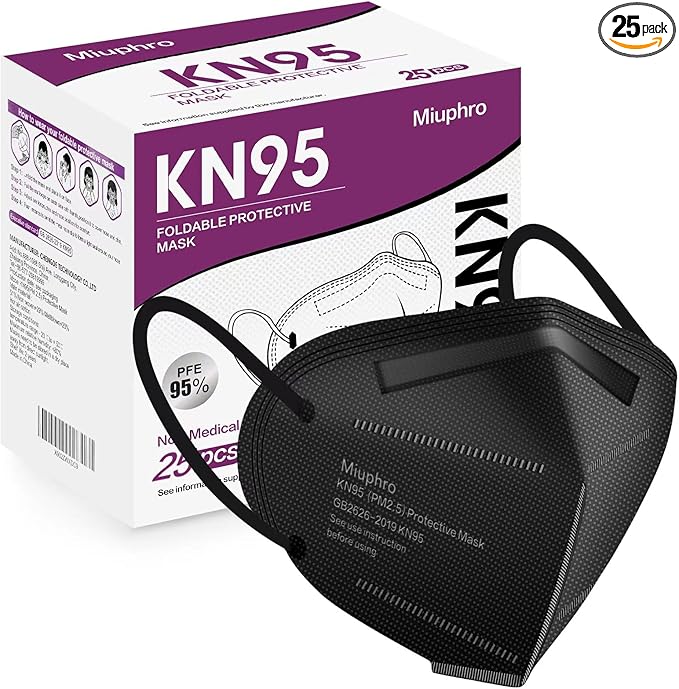 Miuphro KN95 Disposable Face Mask 25 Pack 5-Ply Breathable Safety Masks Against PM2.5, Disposable Respirator Protection Mask for Men and Women Black