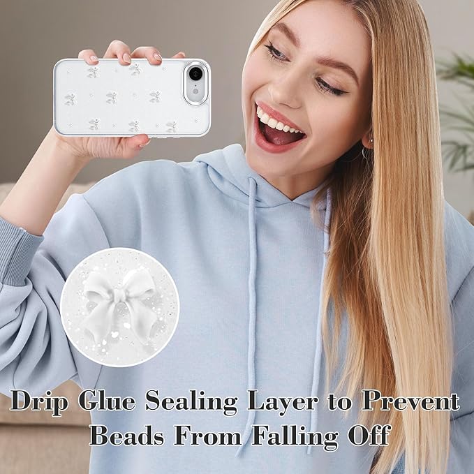 EYZUTAK Case for iPhone 16e, Bling Glitter 3D Bowknot Phone Case Cute Sparkly Crystal Clear Bow Aesthetic Design Cover Slim Soft Durable TPU Transparent Protective Cover for Women Girl - White Bow