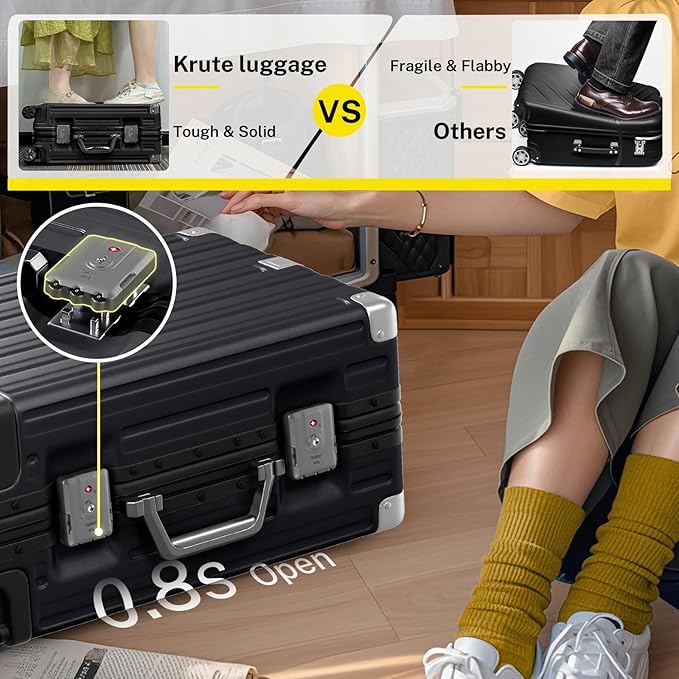 Krute Carry On Luggage 20 inch Aluminum Frame Suitcase with Spinner Wheels No Zipper Hardshell PC+ABS Luggages TSA Lock Zipperless Suitcases