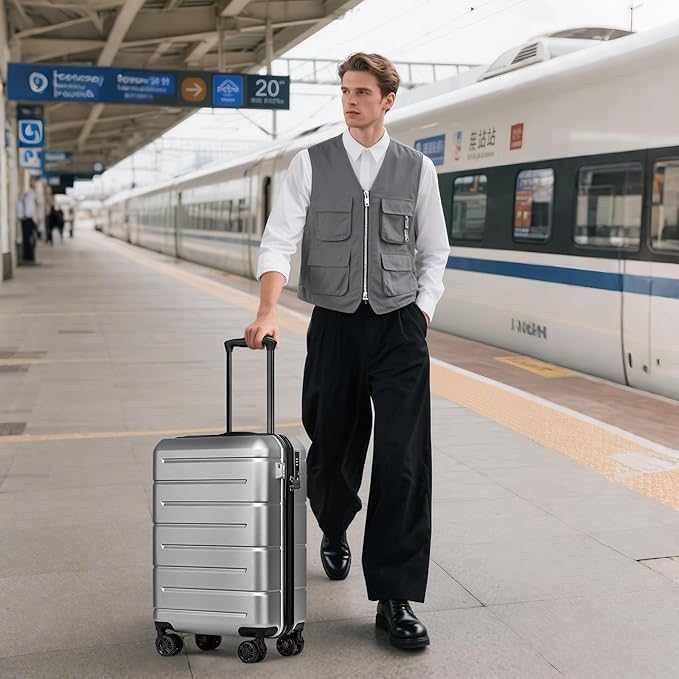 KYME Carry On Luggage 22x14x9 Airline Approved with Cup Holder Hardside Carry On Suitcase with Spinner Wheels Hardshell Travel Rolling 22 Inch Luggage with TSA Lock for Women Men Silver