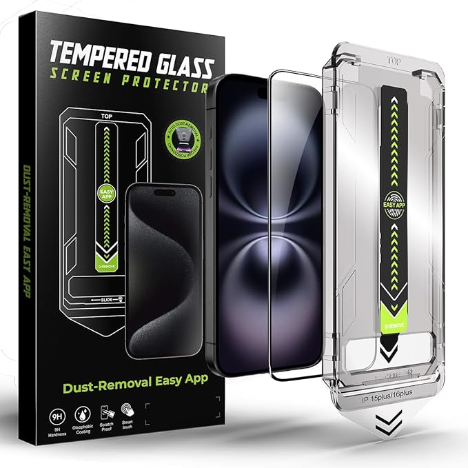 2 Pack Screen Protector for iPhone 16 Plus/iPhone 15 Plus, 9H Tempered Glass, High Definition Clear, Full Coverage, Anti-Fingerprint, Auto Dust-Elimination, No Bubble, Easy Installation