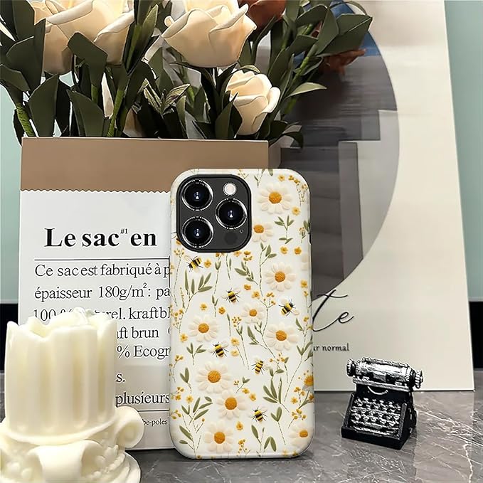 Case for iPhone 16 Pro Max Case,Bees Sunflowers Design - Hybrid Dual Protection Silicone + Hard PC Shockproof Full Body Cover Slim Anti-Scratch Protective Case for Men Women