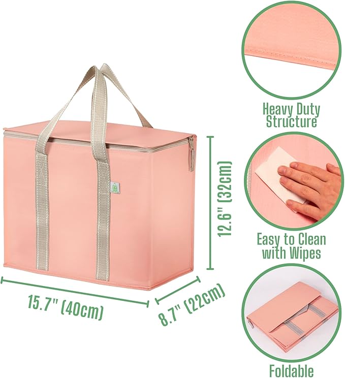 VENO 2 Pack Cooler Bag and Insulated Grocery Bags for Food Delivery, Collapsible Cooler. Reusable Shopping Bags for Groceries with Hard Bottom, Zippered, Foldable, Heavy-Duty (Peach Pink, 2 Pack)