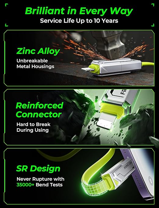 [2025 Upgrade] 4-in-1 USB C Cable 60W 5FT Compatible With Lightning Cable [Fast Charging & Data Transfer] Flat Type C/A to C/L Cord for iPhone/iPad, Multi Charger Wire Combo for All Devices (Green)
