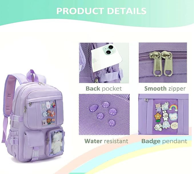 Kawaii Backpack for Teen Girls, Cute Aesthetic High Middle School College Bookbag with Accessories,Light Purple