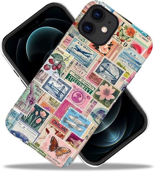 DAIZAG Case Compatible with iPhone 12,Fit Shockproof Cover for Women Girls,Retro Stamp Collage