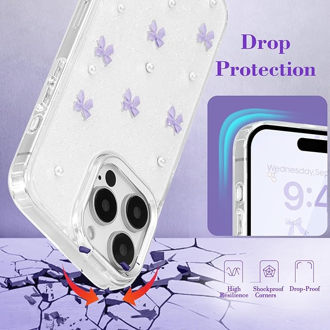 EYZUTAK Case for iPhone 15 Pro, Bling Glitter 3D Bowknot Phone Case Cute Sparkly Crystal Clear Bow Aesthetic Design Case Slim Soft Durable TPU Transparent Protective Cover for Women Girl - Purple Bow