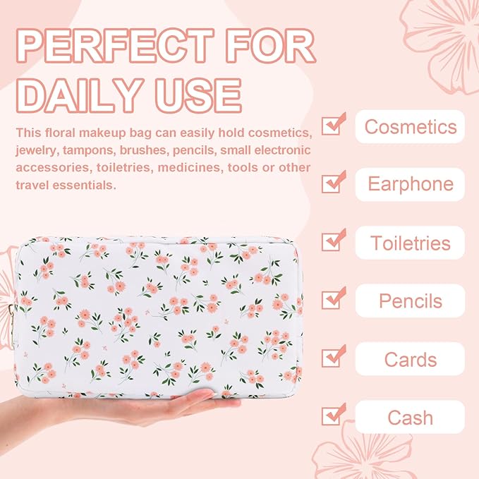 Waterproof Small Floral Makeup Bag Pouch for Purse,Nylon Flower Cosmetic Bag Preppy Travel Toiletry Storage Bag for Women Girl,Cute Makeup Organizer Bag Skincare Bag with Zipper(Small White-Flowers)