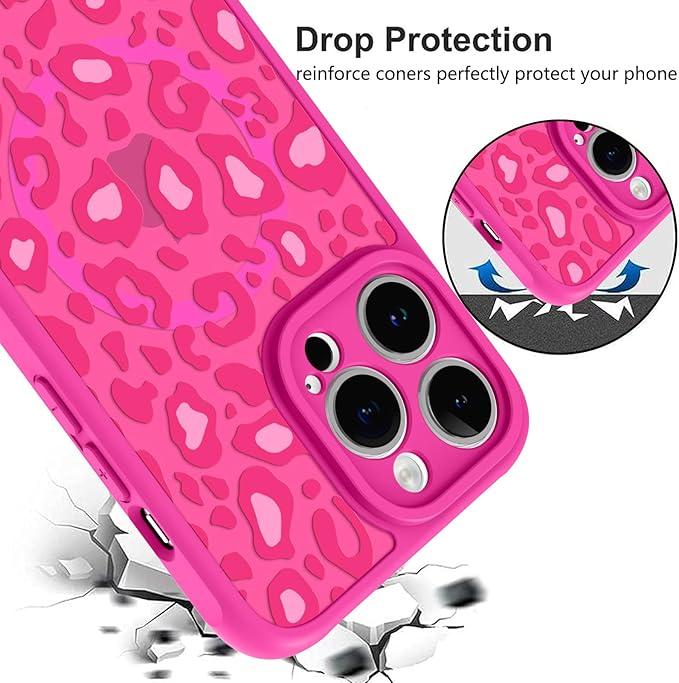 KANGHAR Case for iPhone 13 Pro Max Hot Pink Leopard Printed Pattern Cute Cheetah [Compatible with Magsafe] Protective Magnetic Case for Girls Women 6.7"