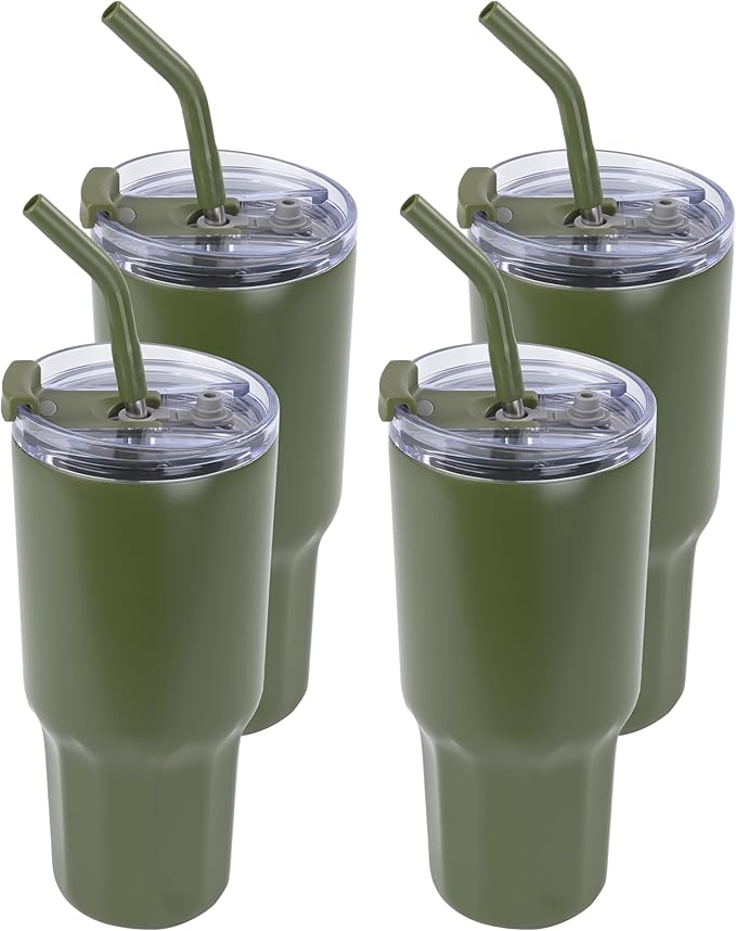 VEGOND 30 oz Insulated Stainless Steel Tumblers with lid and straw Bulk Pack Coffee Mug with Non-Slip Silicone Base, Sweat Proof Powder Coated Cup for Hot Cold Drinks, Army Green 4Pack