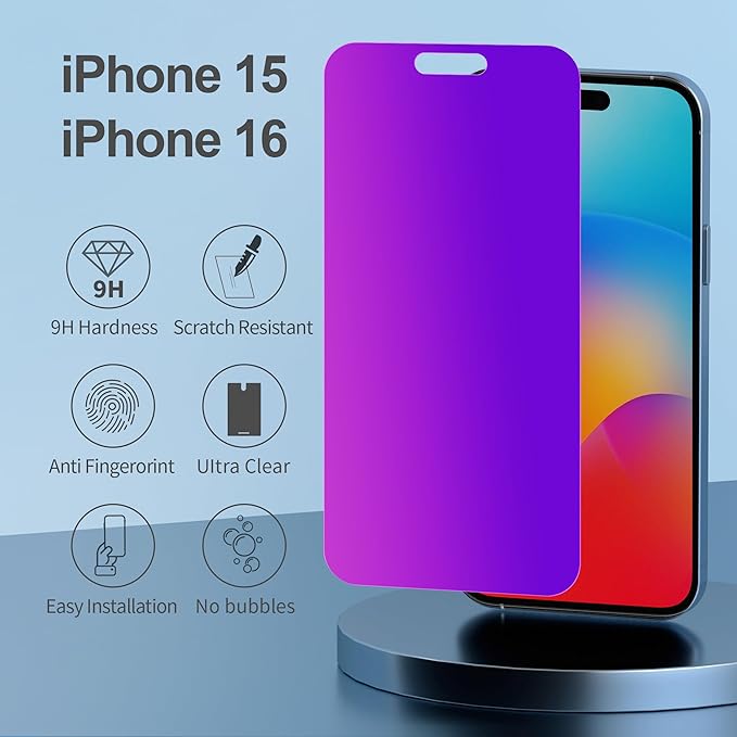Compatible for iPhone 15/iPhone 16 Privacy Screen Protector Tempered Glass 6.1 Inch, Purple Gradient Anti Spy Anti Blue Light HD Easy Installation